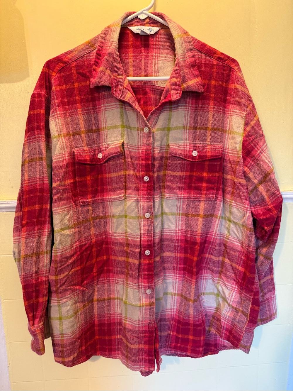 Old Navy Pink and Red Plaid Flannel Button-Down Shirt